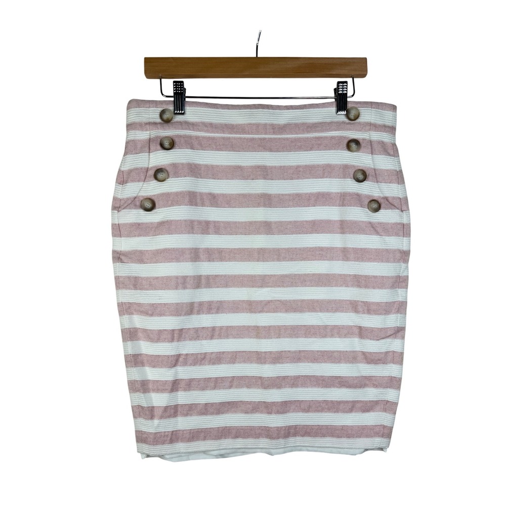 Ann Taylor LOFT Striped Nautical Style Buttons Pencil Skirt size 12 Pink/White